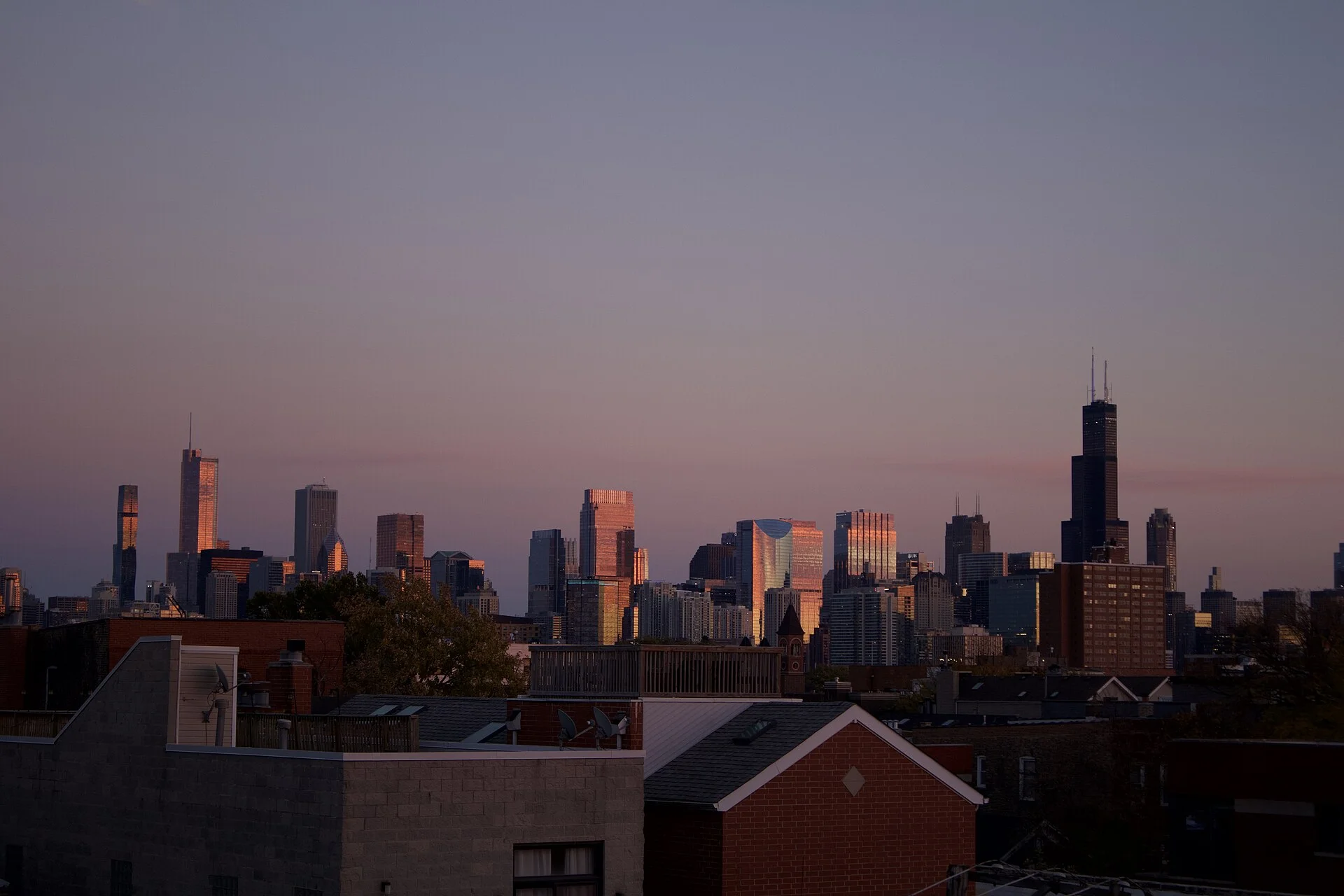 The Chicago Loop skyline at sunset with the Willis Tower