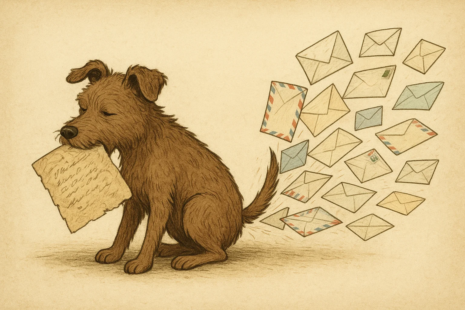 A dog eating an old miserable looking letter and lots of fancy new postal letters shooting out from its behind.