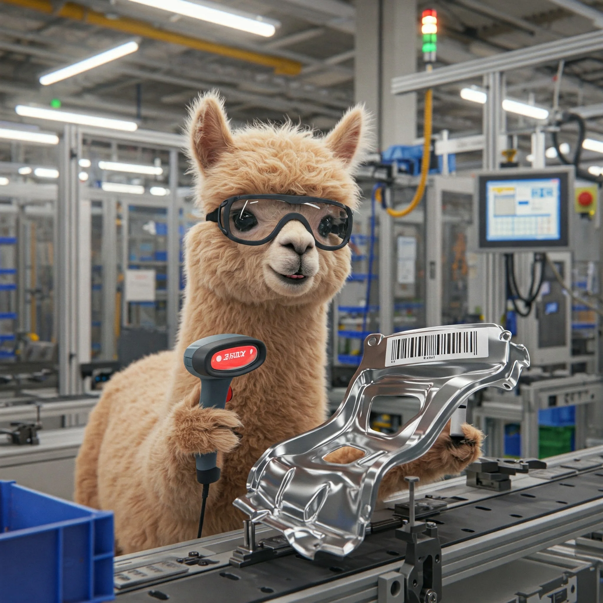 A lama using a barcode scanner in a factory