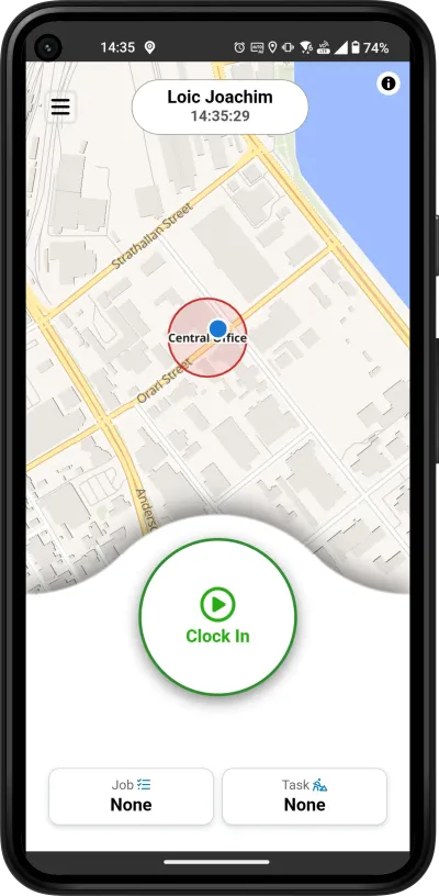 The mobile app showing the staff member inside the work site, ready to clock in.