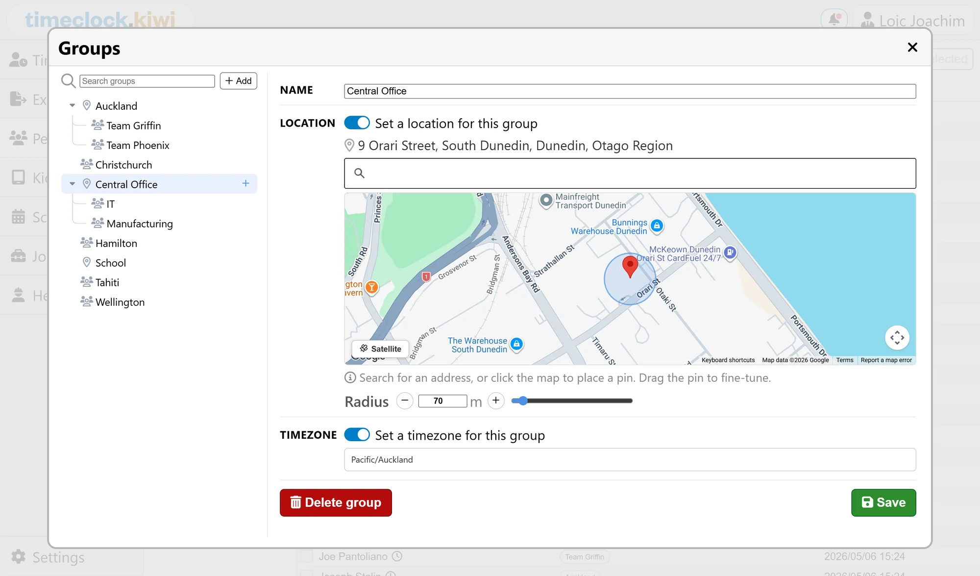 Setting a group's work site location and clock-in radius on a map in the portal.