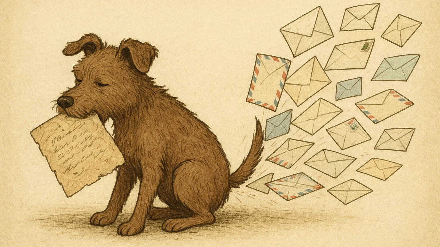 A dog eating an old miserable looking letter and lots of fancy new postal letters shooting out from its behind.