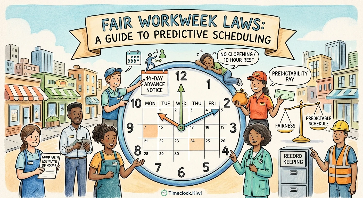 An illustration of shift workers around a large clock and calendar, showing 14 day advance notice, rest between shifts, predictability pay, good faith estimates and record keeping