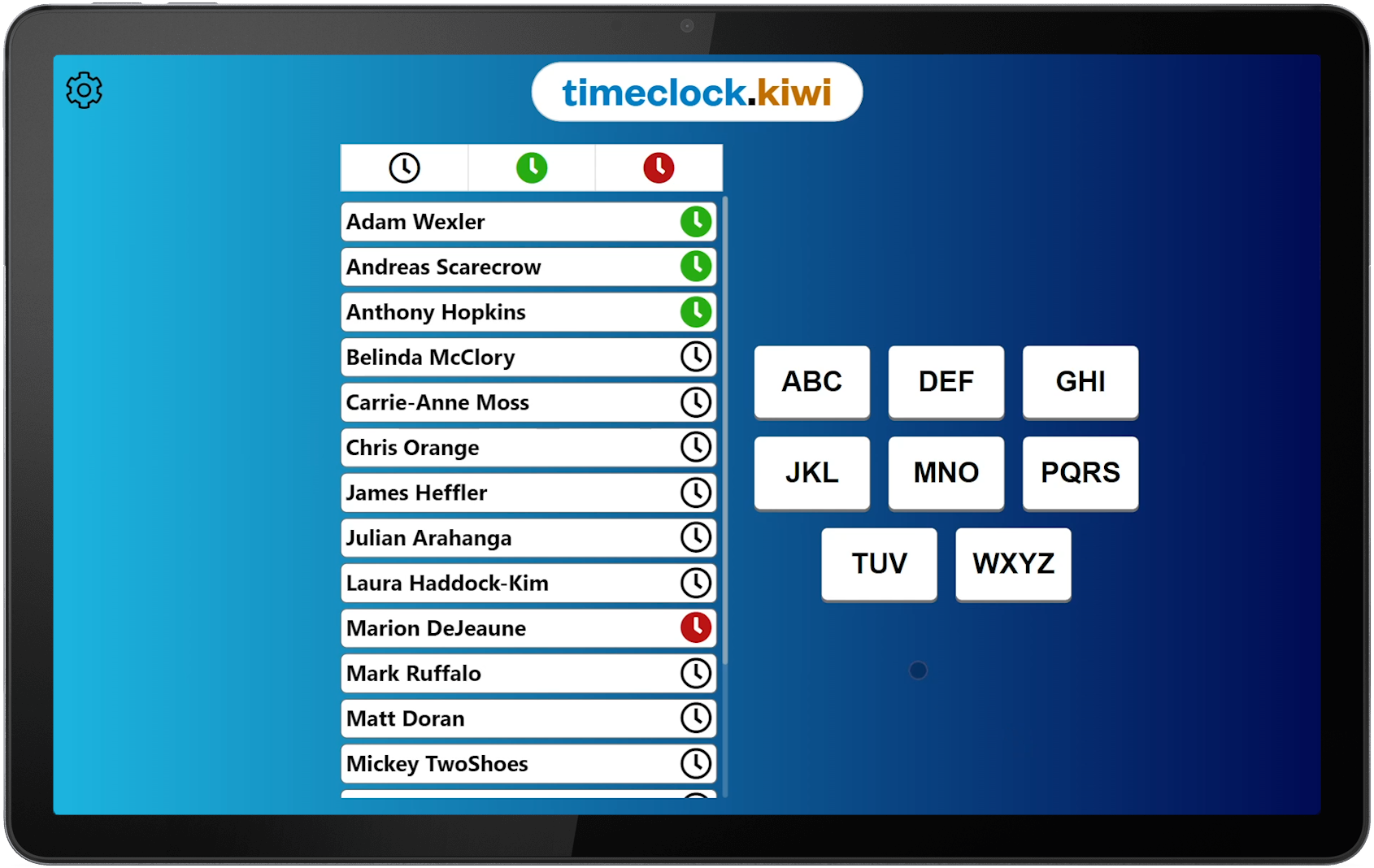The timeclock kiosk with the simple filter enabled.